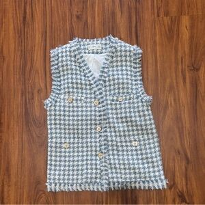 Mango MNG Chanel-vibe Gingham Check Tweed Pocket Vest Blue White Lined XS. EUC